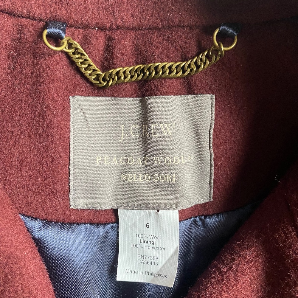 J. CREW Nello Gori Women's 6 Wine 100% Wool Double Breasted Peacoat Classic - Picture 2 of 10